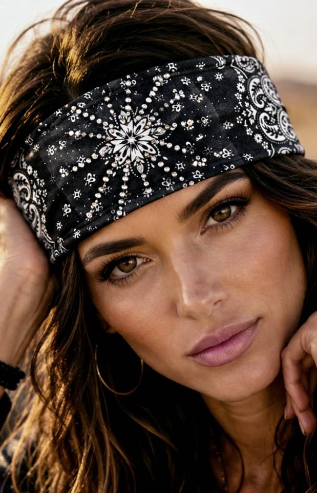 RAVEbandz The PRO - BLINGBANDZ- Wide Stretch Headband (Black Bandana)